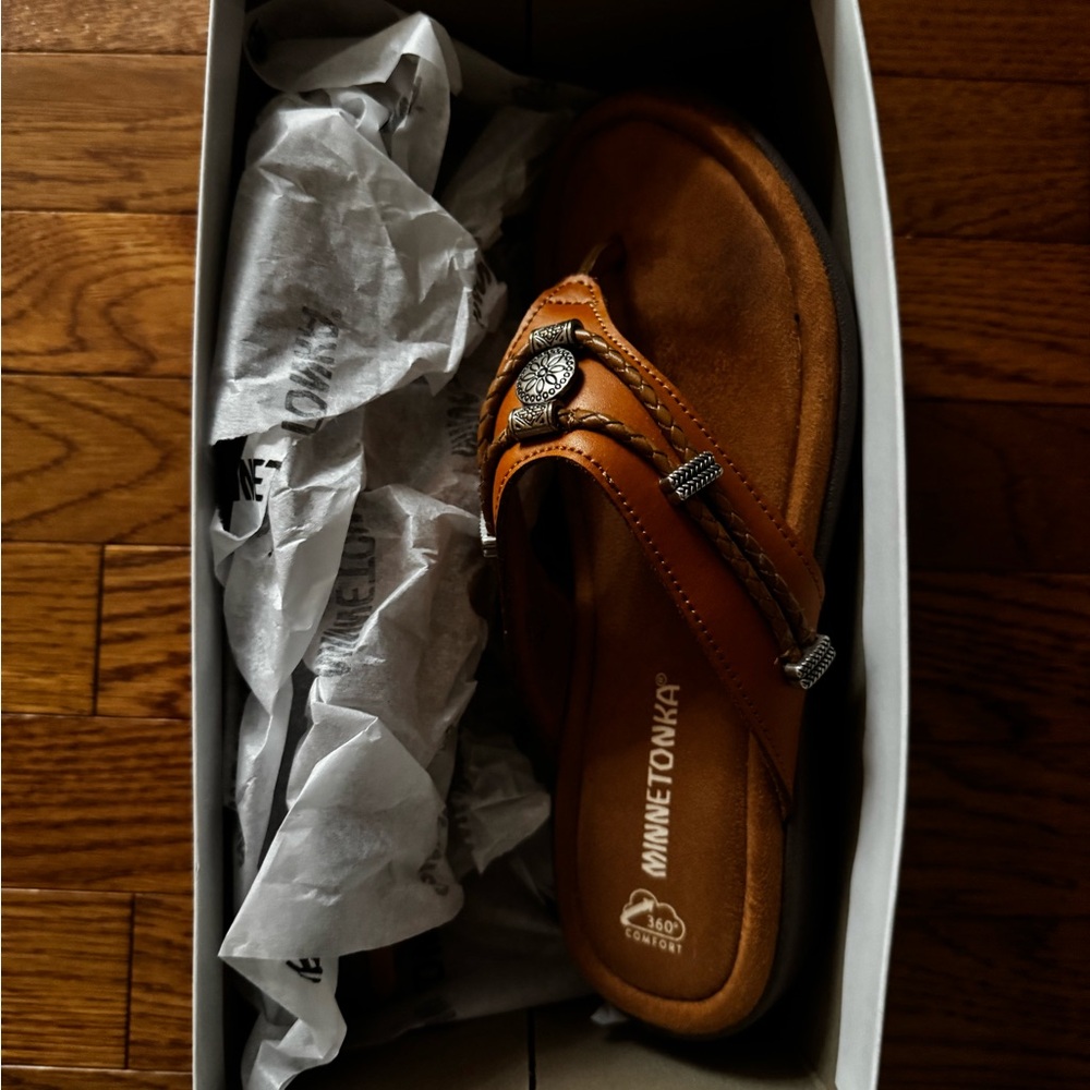 Minnetonka Cognac Leather Sandals